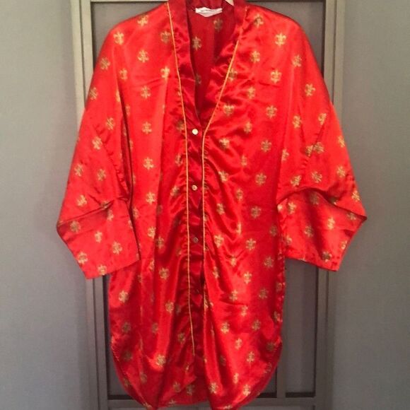 Lily of France, vintage red satin night Shirt/robe Fleur-de-lis size S  - Picture 1 of 5